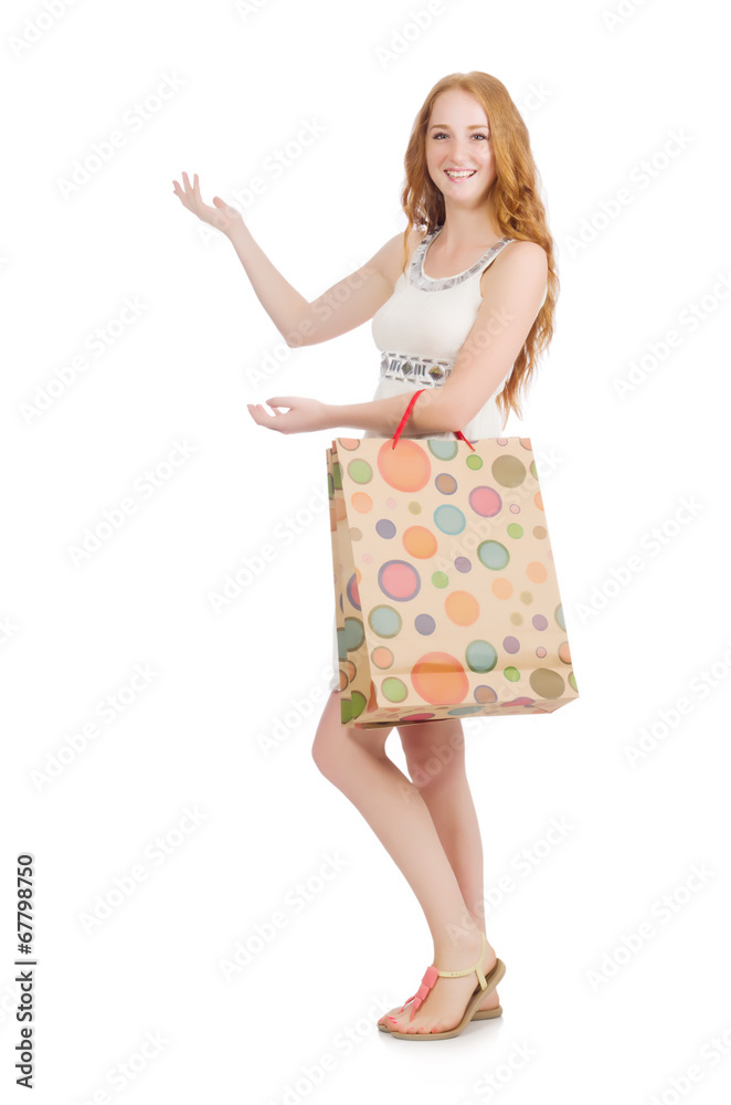 Woman after shopping spree on white Woman after shopping spree on white