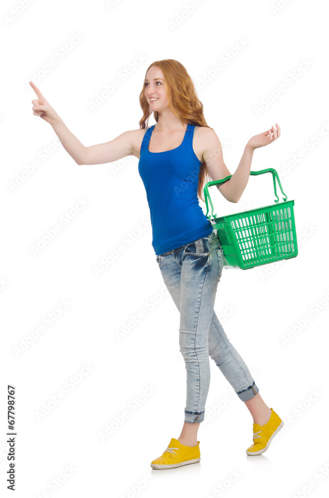 Woman after shopping in the supermarket isolated on white Woman after shopping in the supermarket isolated on white