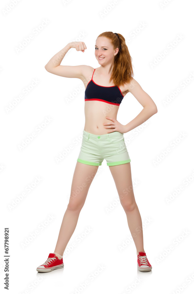 Young woman doing sport exercises isolated on white Young woman doing sport exercises isolated on white