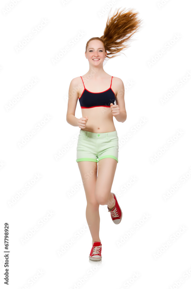 Young woman doing sport exercises isolated on white Young woman doing sport exercises isolated on white