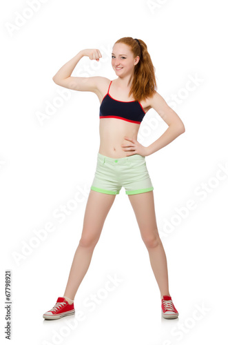 Young woman doing sport exercises isolated on white