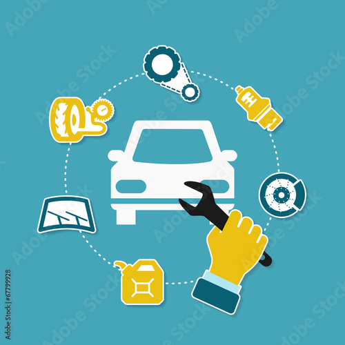 Garage concept illustration with car components