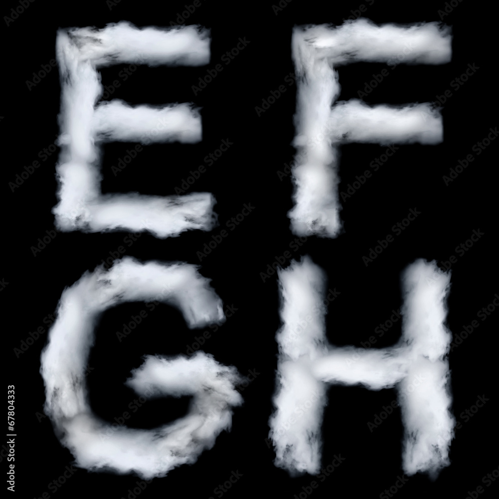 Letters made of smoke, E F G H, isolated on black