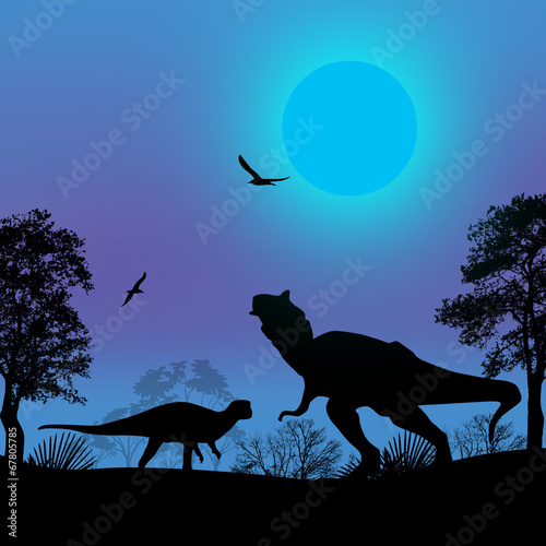 Dinosaurs silhouettes in beautiful landscape