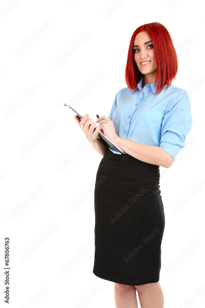 Young beautiful business woman holding folder isolated on white Young beautiful business woman holding folder isolated on white