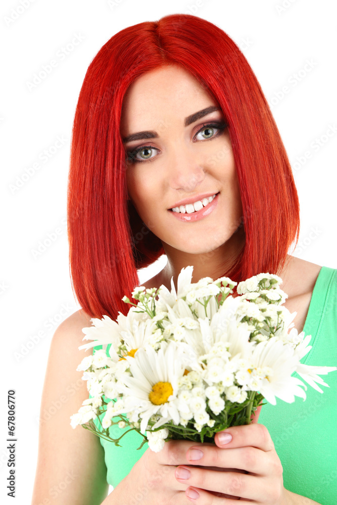 Beautiful young woman holding bouquet isolated on white Beautiful young woman holding bouquet isolated on white