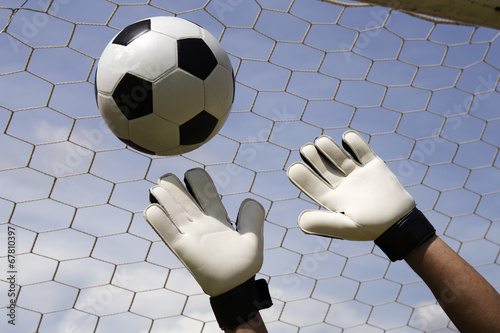 goalkeeper's hands reaching foot ball