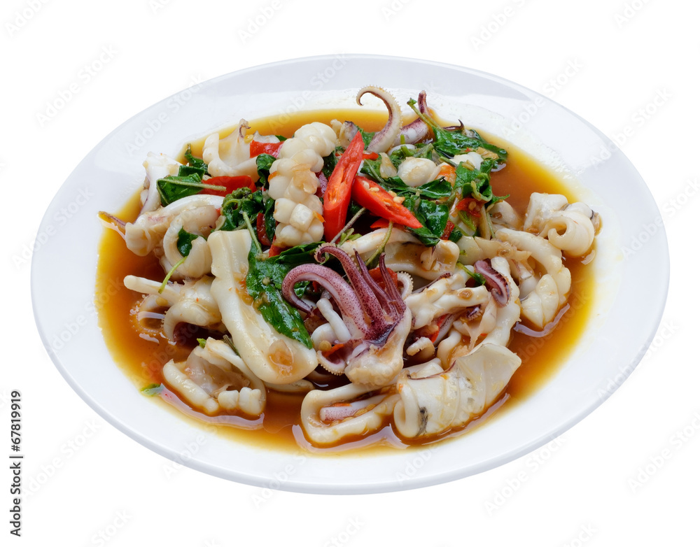 stir fried squid with chilli and basil isolated on white