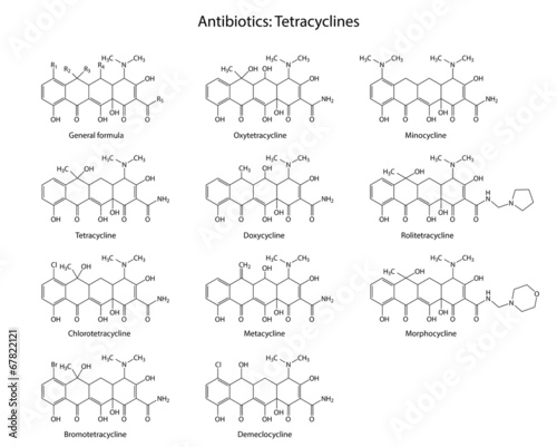Structural chemical formulas of antibiotics tetracyclines