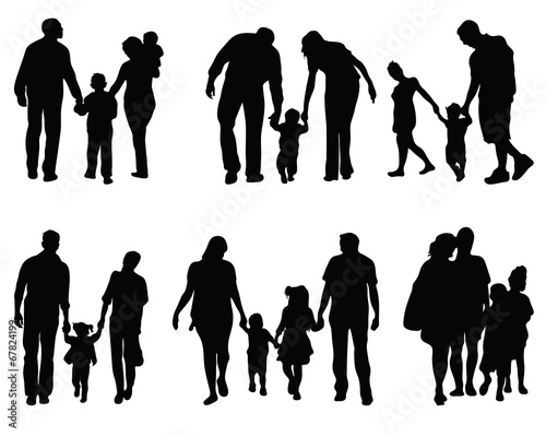 Black silhouettes of families in walking, vector