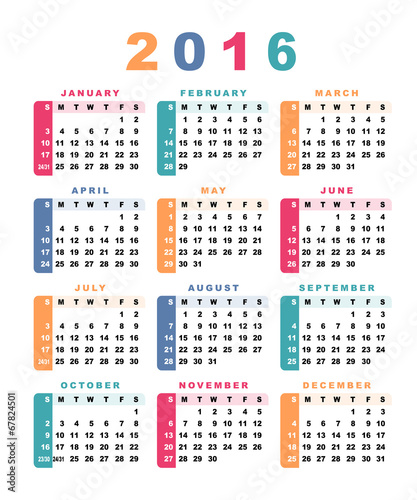 Calendar 2016  week starts with sunday .