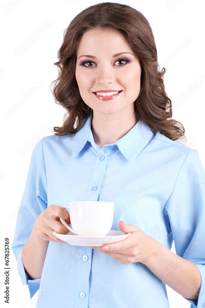 Young business woman with cup isolated on white
