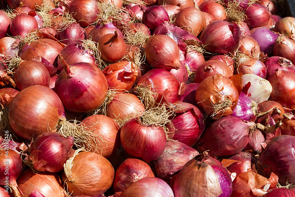 Many red onions in a pile. Close up Many red onions in a pile. Close up