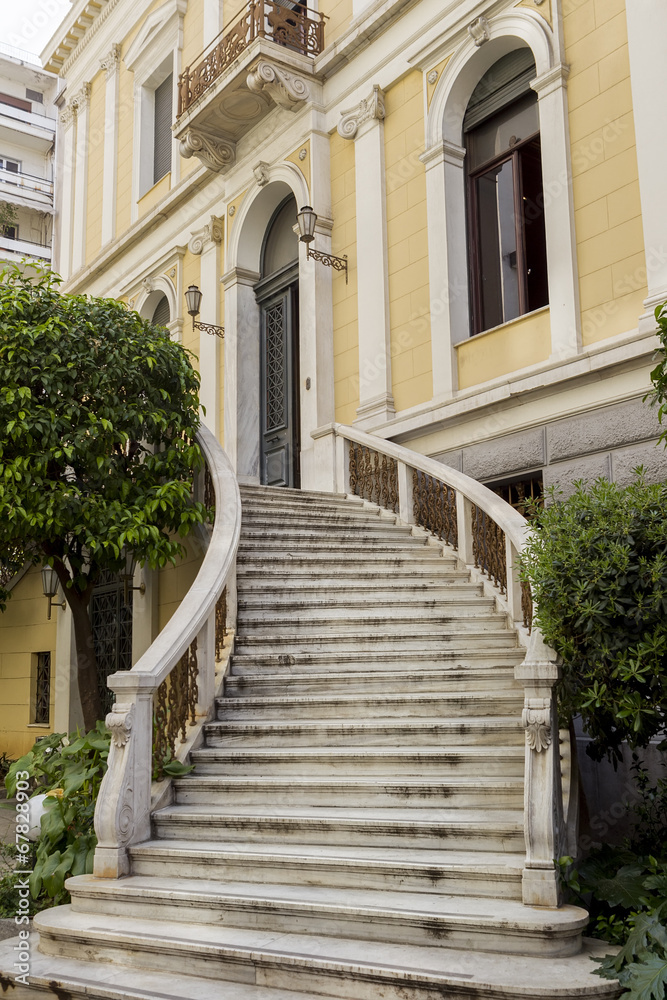 outside marble staircase in a neoclassical building of Greece 