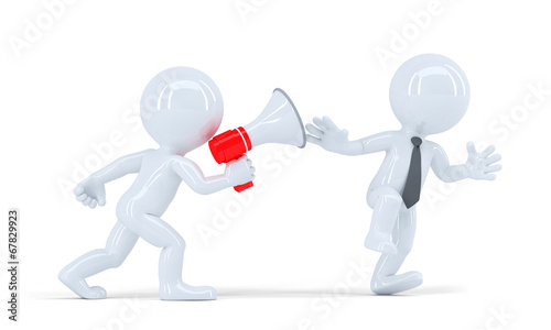 Chief shouts into a megaphone at employee. Clipping path