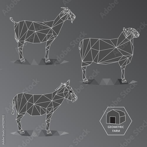 Gray scale geometric illustration of medium farm animals