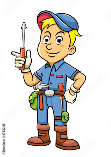 Cute mechanic cartoon holding a screw