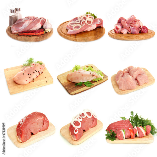 Collage of raw meat isolated on white