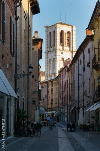 Bell tower of the Ferrara cathedral view from Mazzini street