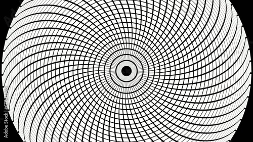 Black and white twisting circle fragmented into rectangles