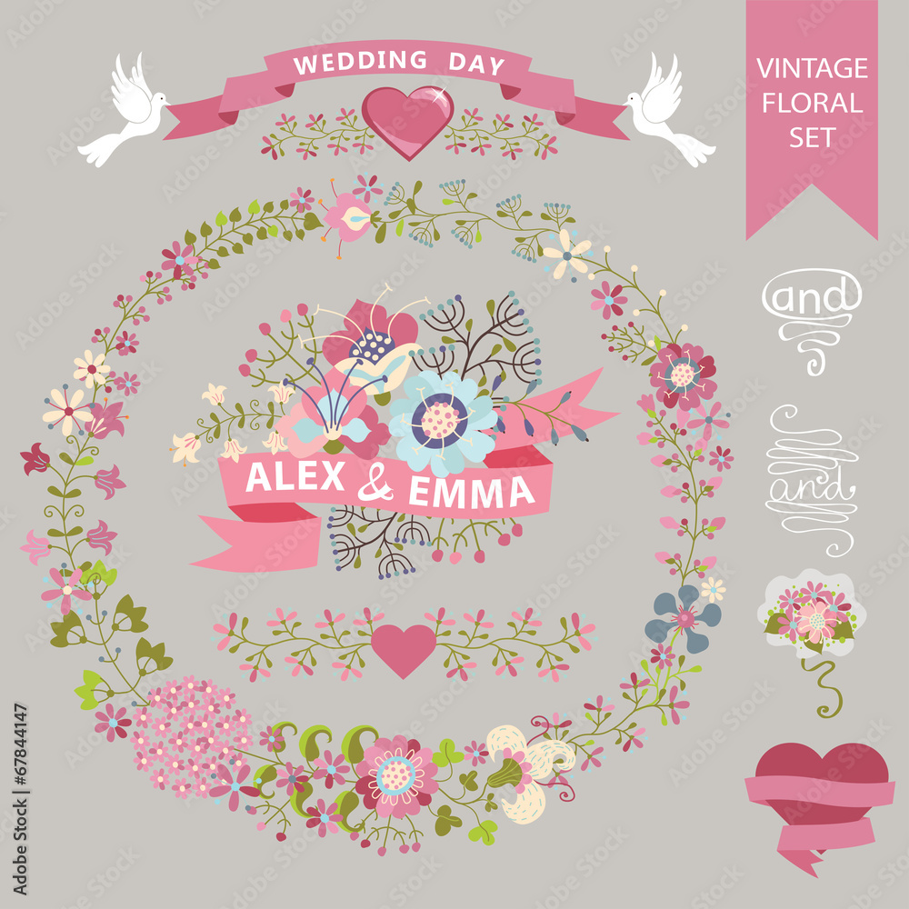 Wedding floral set. Wreath,flowers,ribbons,hearts