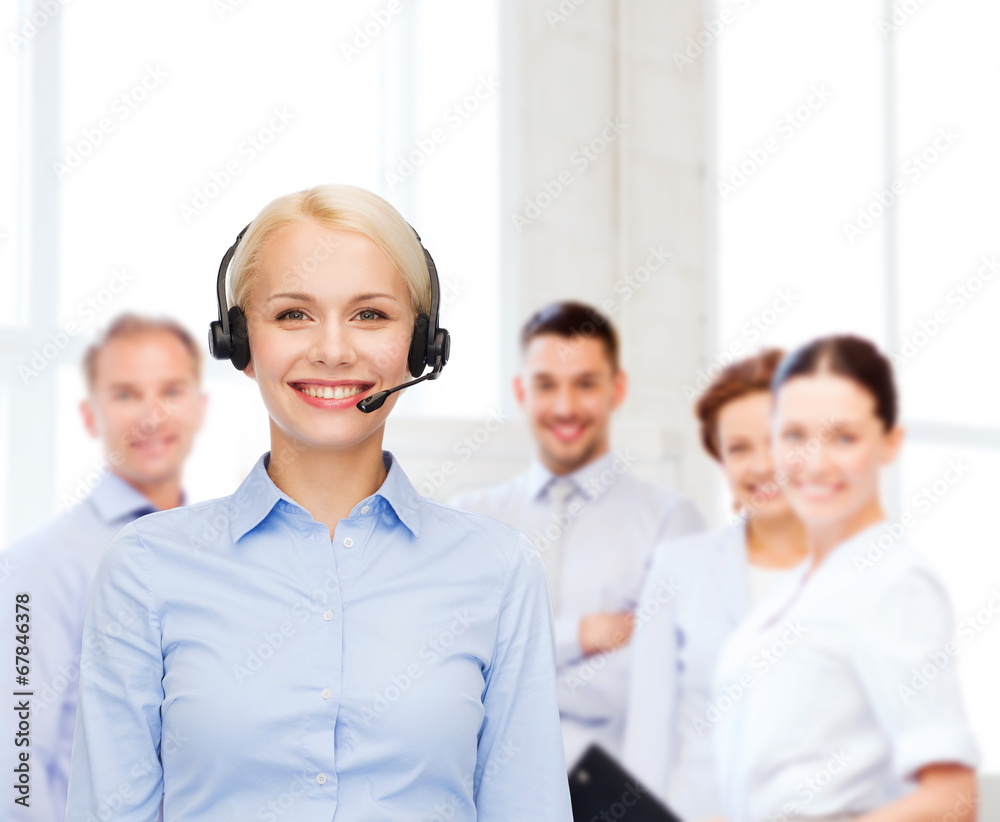 friendly female helpline operator with headphones friendly female helpline operator with headphones