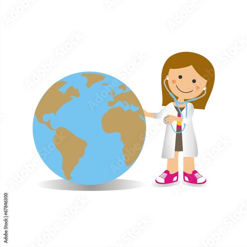Niña disfrazada de médico y el globo terráqueo. Ilustración vectorial