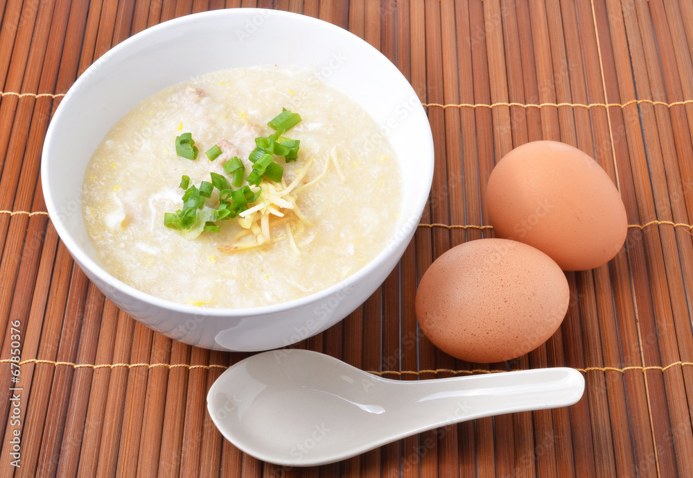 Thai style breakfast with pork and soft-boiled egg Thai style breakfast with pork and soft-boiled egg