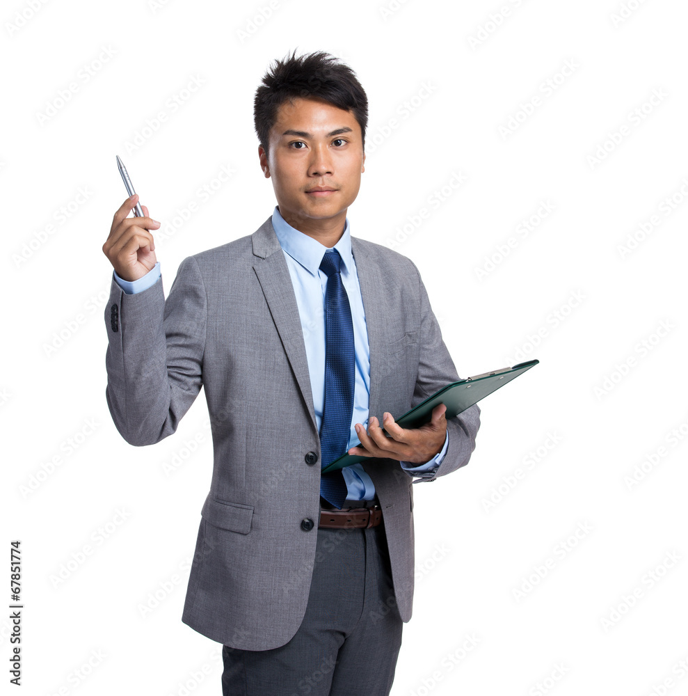 Businessman with clipboard and pen point up Businessman with clipboard and pen point up