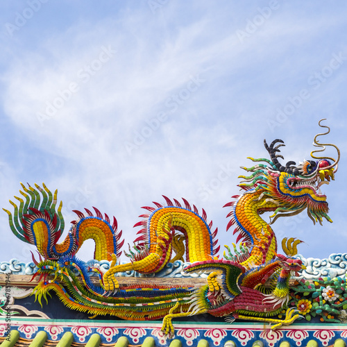 Chinese dragon on blue sky with cloud top of temple