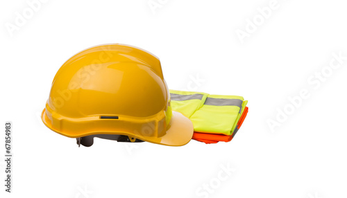 Yellow hard hat and orange and yellow reflective best over white photo