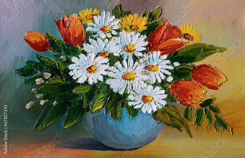 Oil Painting - colorful bouquet of yellow and blue flowers
