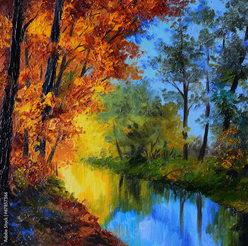 Oil Painting - autumn forest with a river