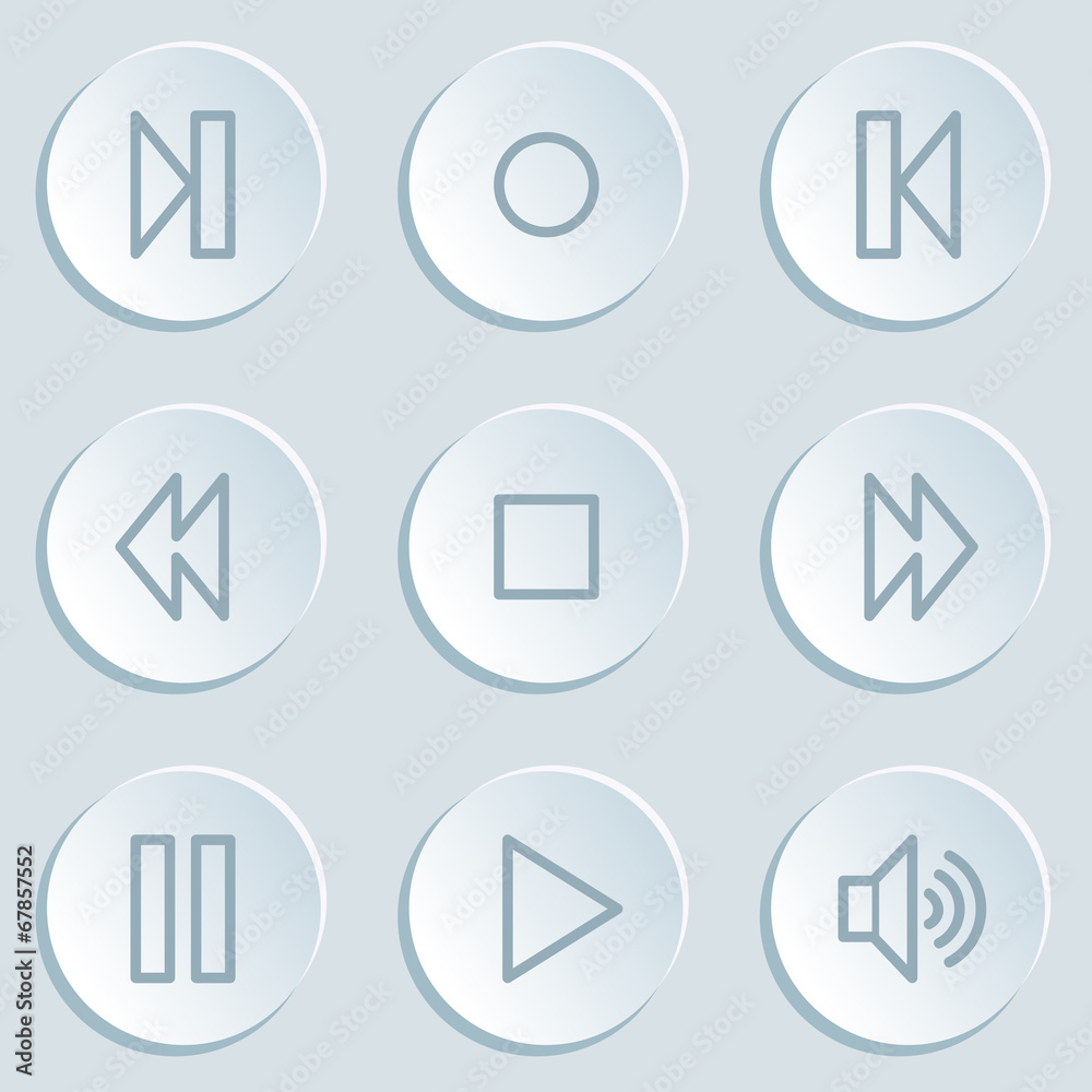 Media player web icons, white sticker buttons Media player web icons, white sticker buttons