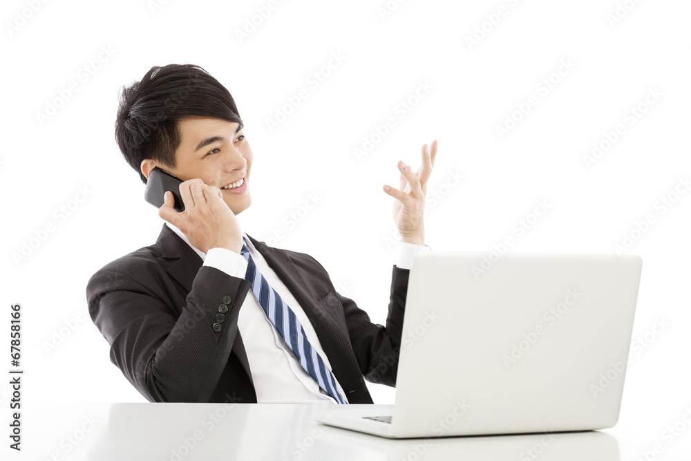 smiling business man talking happily by smart phone smiling business man talking happily by smart phone