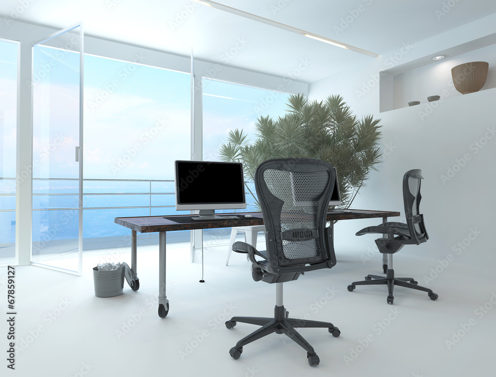 Modernes helles Büro mit Schreibtisch und Meerblick