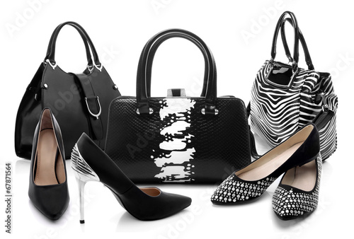 Black and white women shoes and handbag