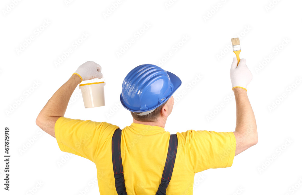 Worker with paint bucket and brush.