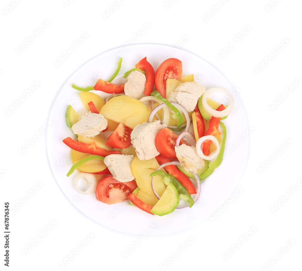 Chicken salad with potatoes and zucchini.