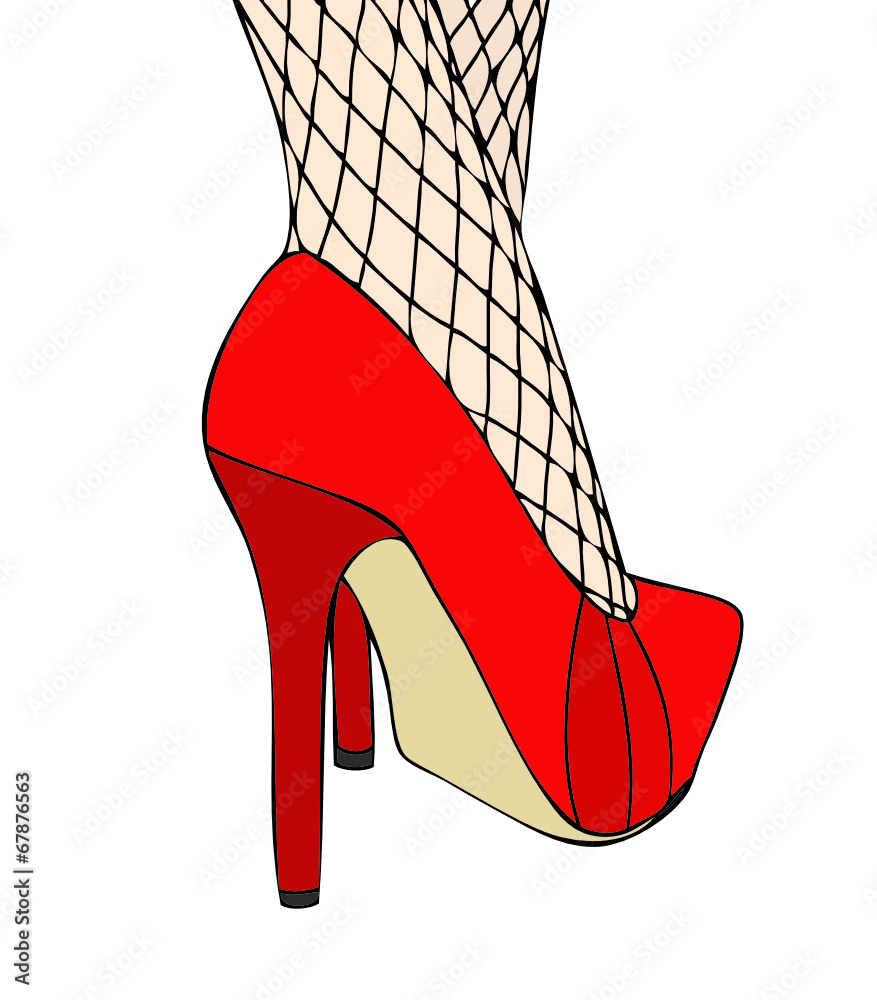 Una donna in eleganti scarpe rosse e calze a rete Stock Vector | Adobe Stock