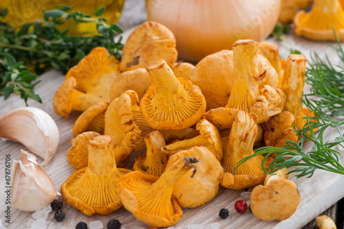 chanterelles and ingredients for cooking on board