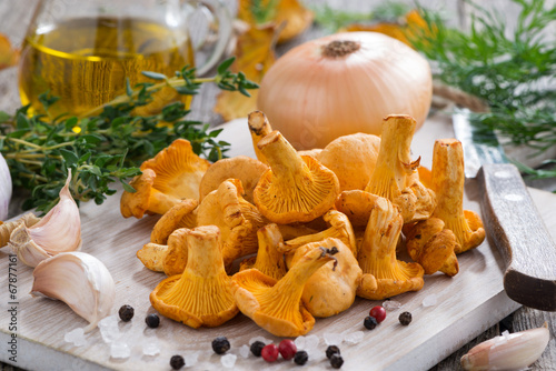 fresh chanterelles and ingredients for cooking