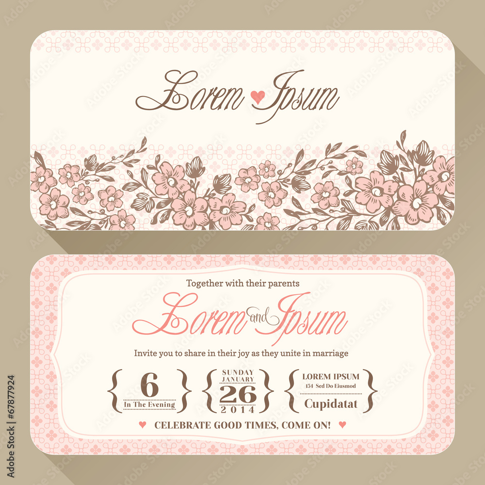 Vintage floral Wedding invitation card design template