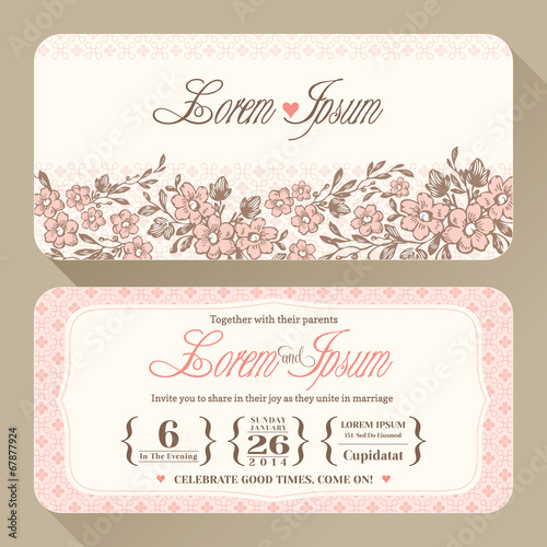 Vintage floral Wedding invitation card design template