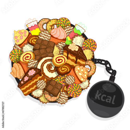 Pile of confectionery, and kettlebell