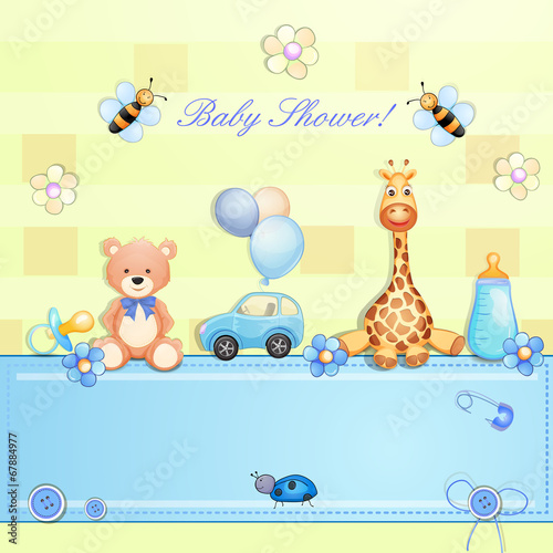 Baby shower card with toys.