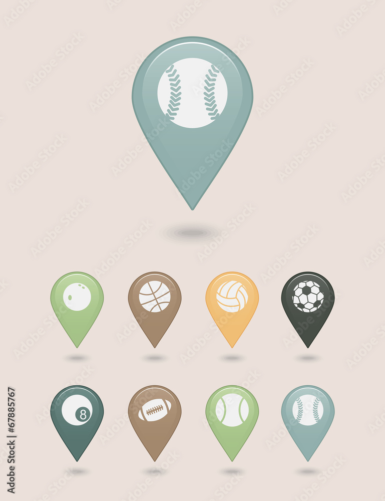 Sports balls mapping pins icons Sports balls mapping pins icons