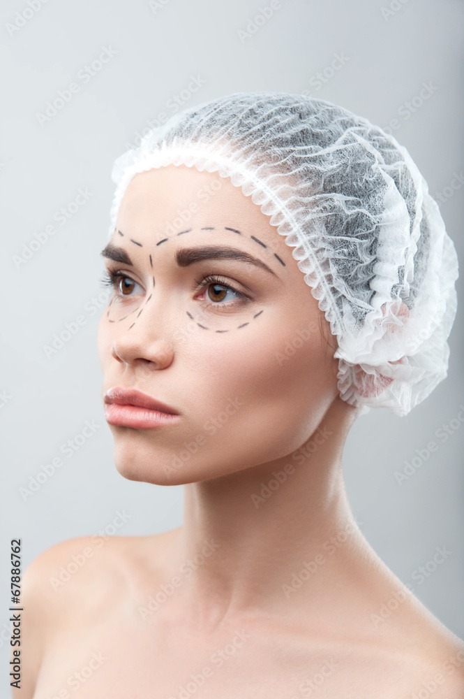 Beautiful young woman in surgical hat with perforation lines on Beautiful young woman in surgical hat with perforation lines on