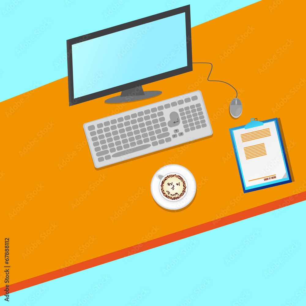 Flat Home Office With Contract and Computer In Orange Color Flat Home Office With Contract and Computer In Orange Color