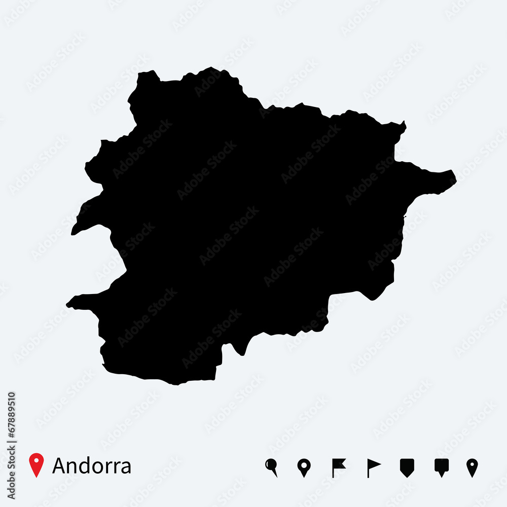 High detailed vector map of Andorra with navigation pins.